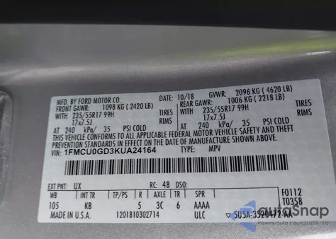 2019 Ford Escape Se из США, поврежденный, VIN 1FMCU0GD3KUA24164